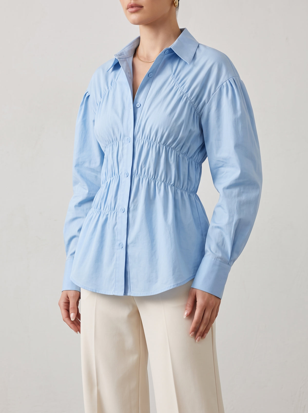 Suzette Ruched Long Sleeve Shirt — Light Blue