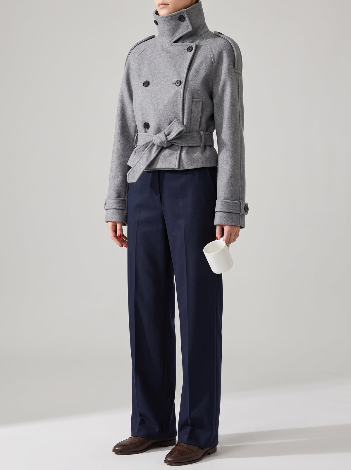 Debbie Cropped Mandarin Collar Trench Coat — Gray