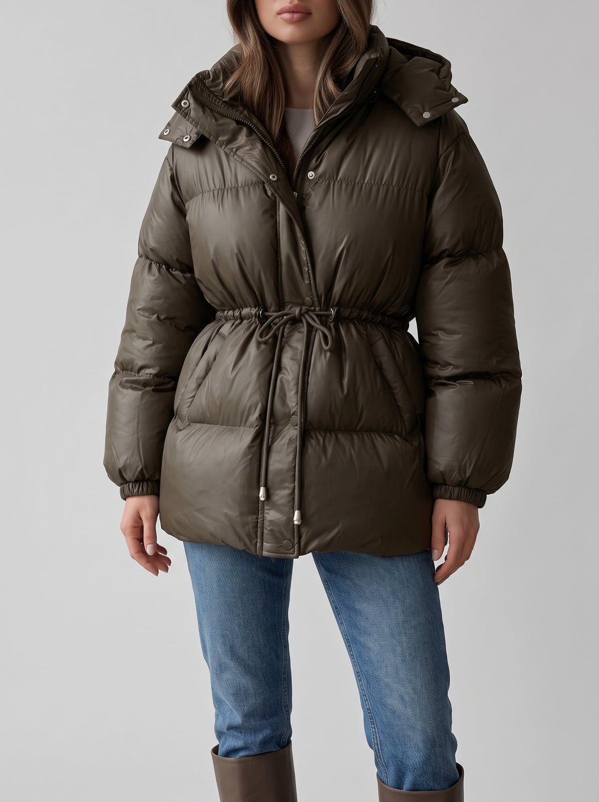 Lorie Long Hooded Drawstring Puffer Coat — Brown