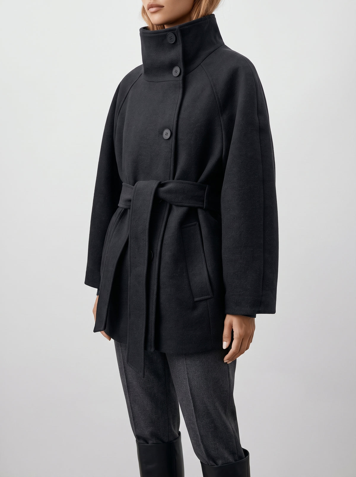 Arielle Long Belted High-Neck Coat — Gray