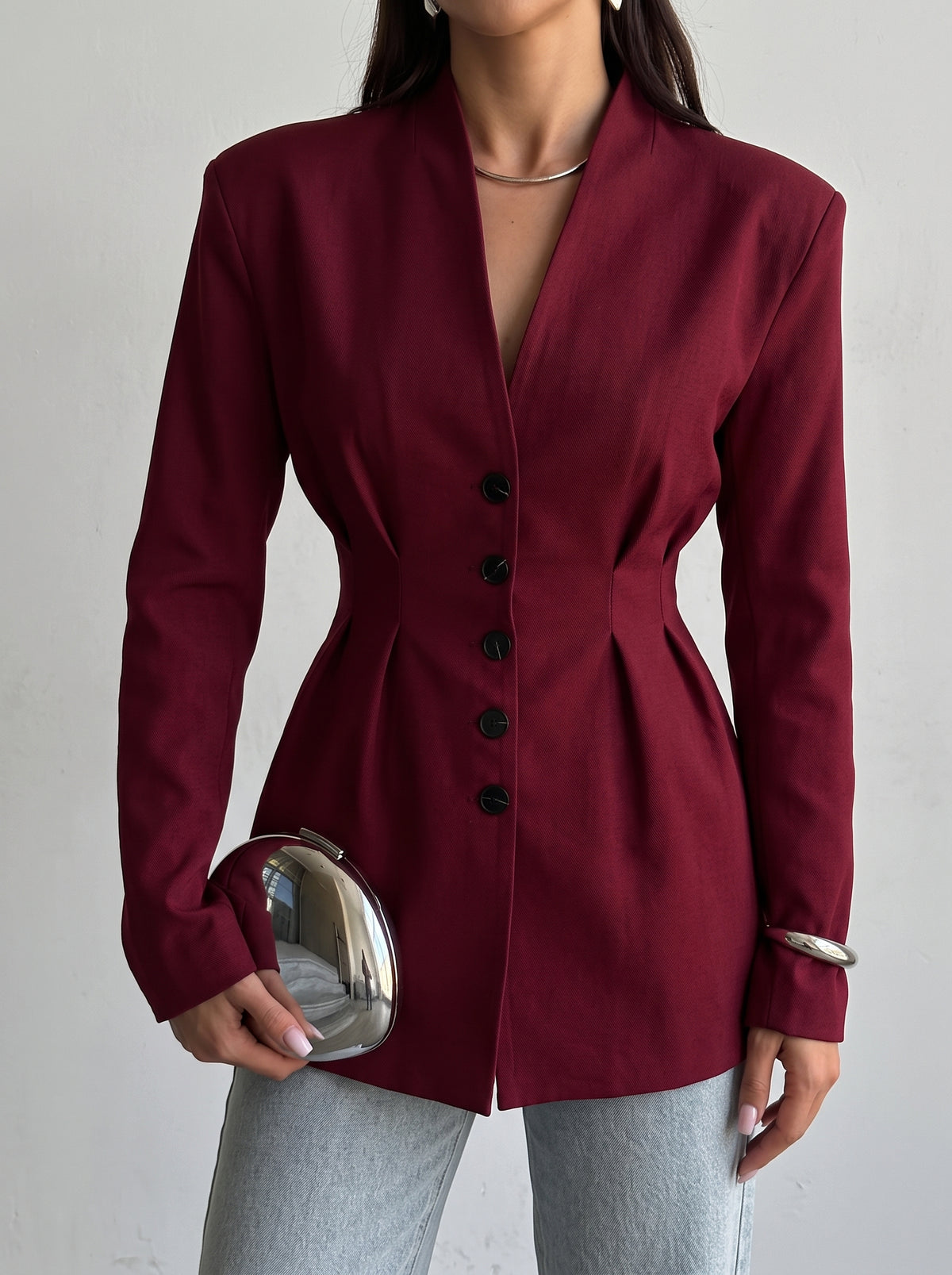 Daniela Collarless Cinched Waist Blazer - Wine