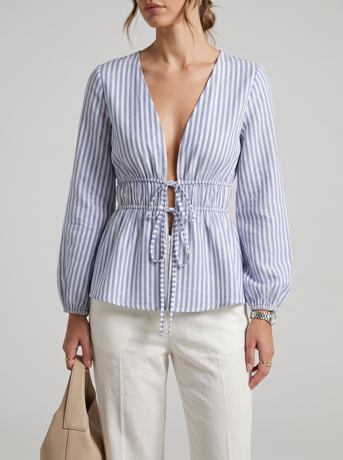 Yelena Striped Blouse with Front Bow - Blue