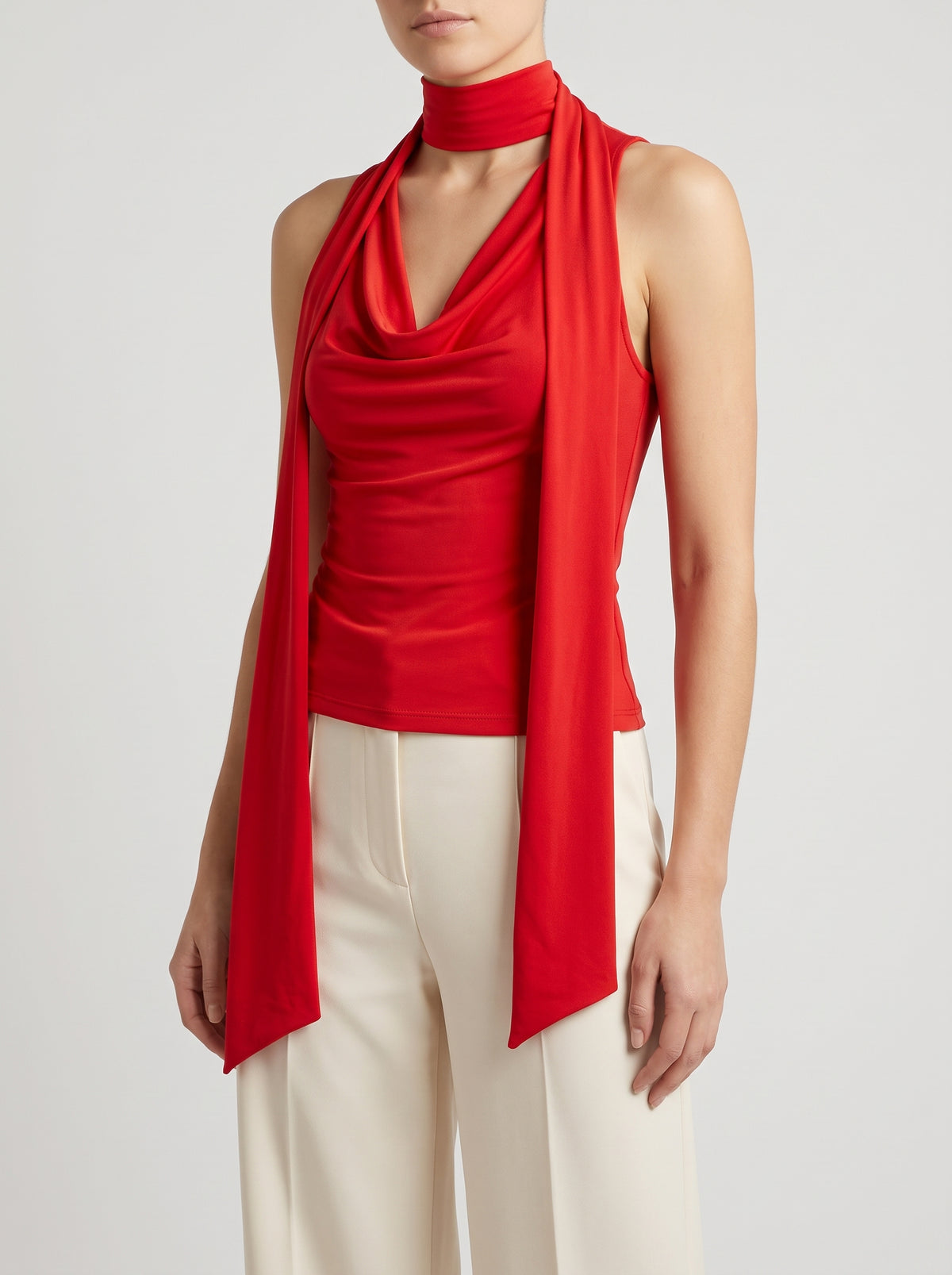 Lydia Sleeveless Knit Tie-Neck Top — Red