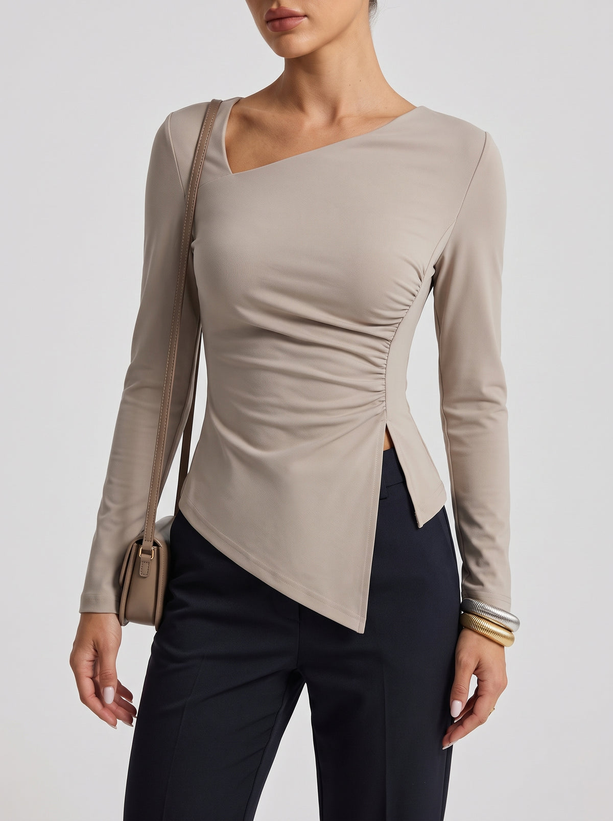 Annie Asymmetric Long Sleeve Top - Beige