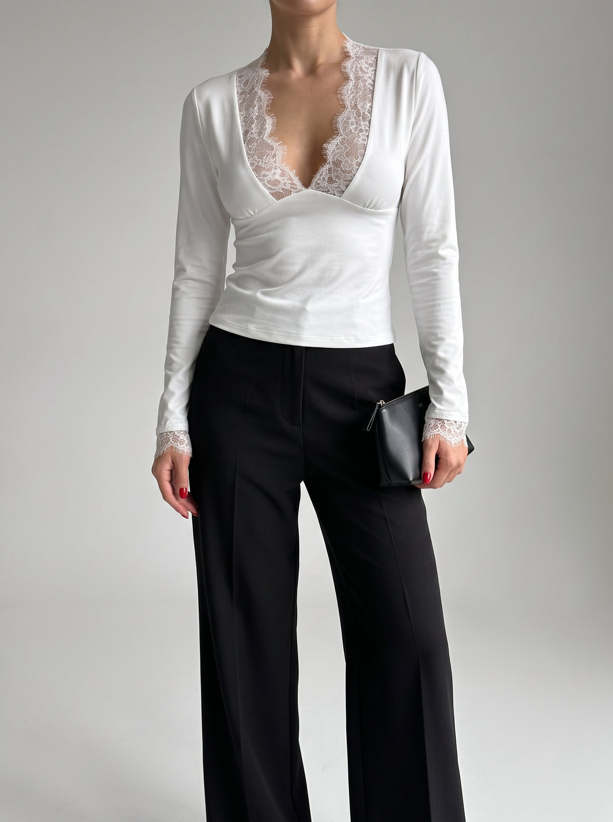 Lace-Trimmed Plunge Blouse - White