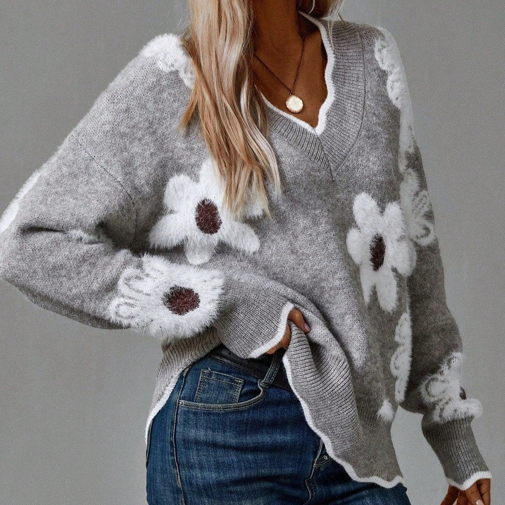 THÉA — Pull Floral à Col en V