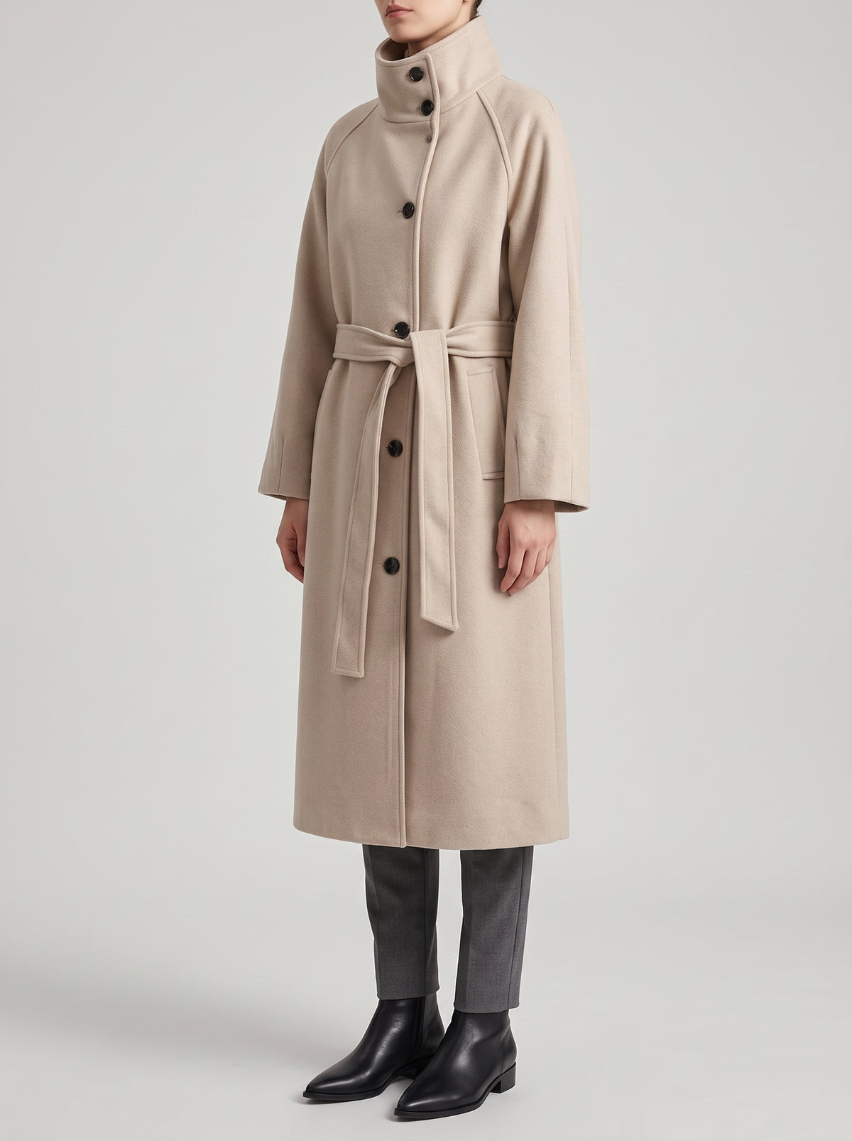 Claudine Long Belted High-Neck Coat — Beige