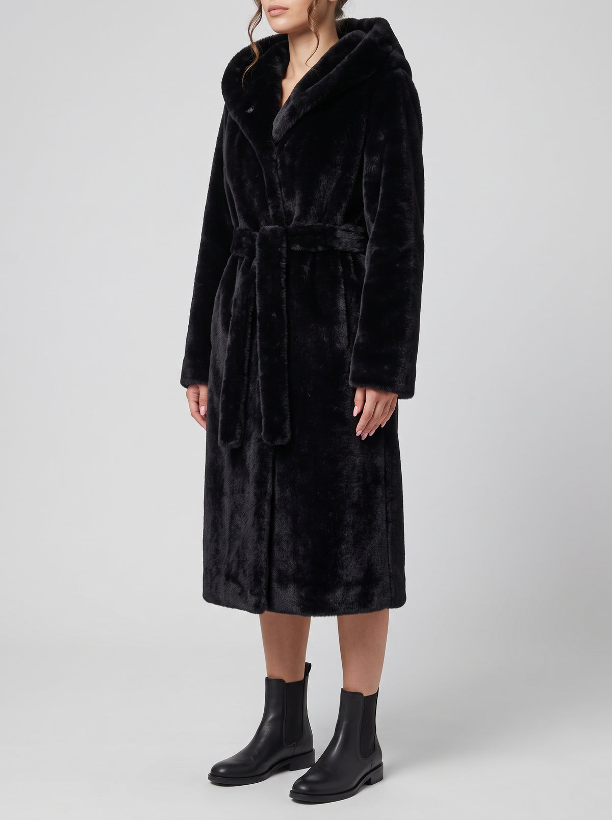 Bex Long Hooded Faux Fur Coat — Black