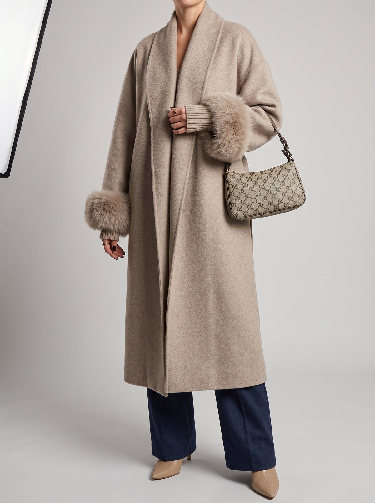 Wool Coat with Fox Fur Cuffs — Taupe Long