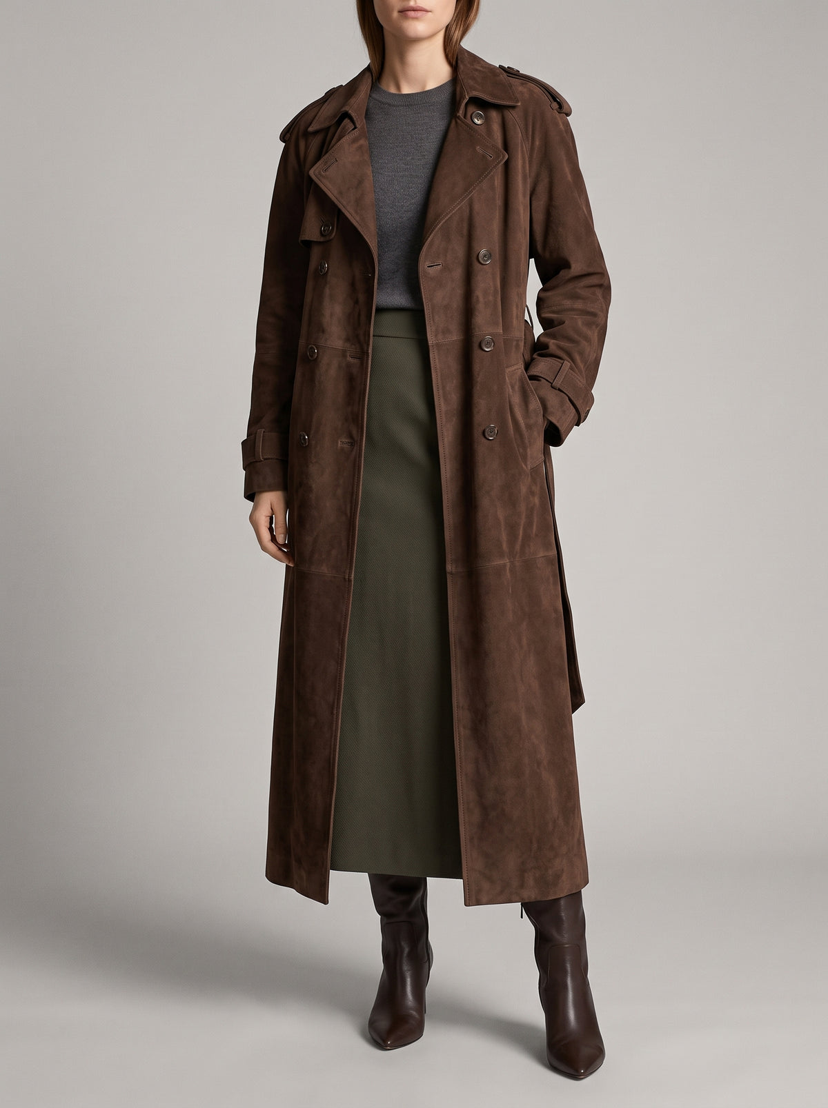 Molly Long Faux Suede Trench Coat