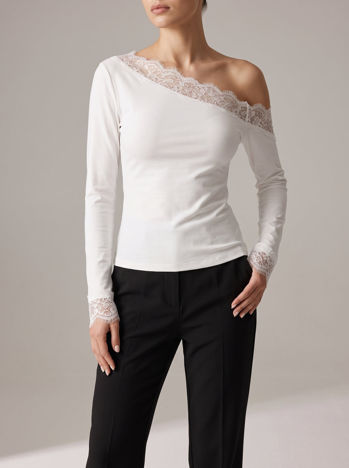 Lizzy Asymmetric-Shoulder Long-Sleeve Lace Blouse - White