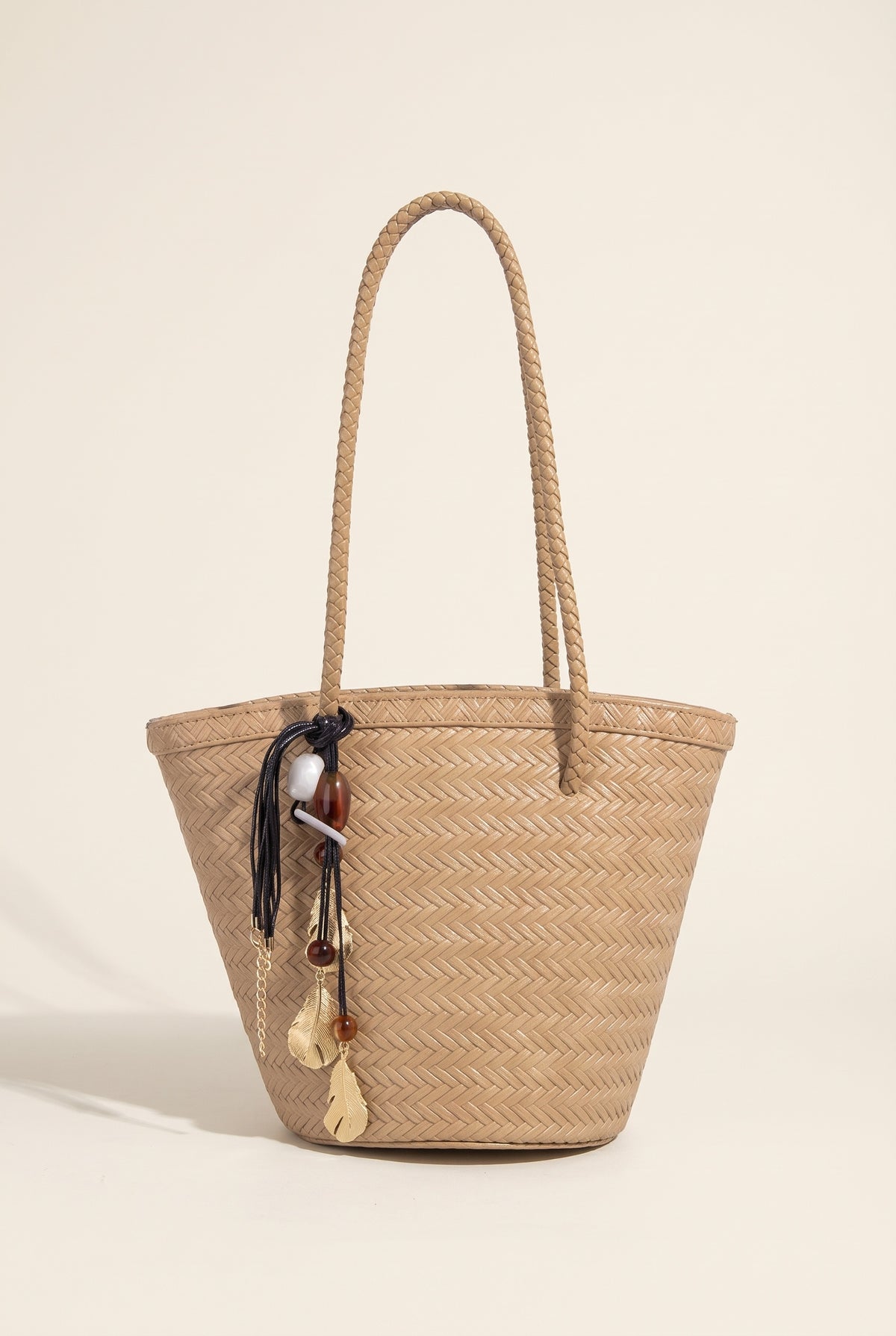 Meryl Woven Bucket Bag with Pouch — Beige