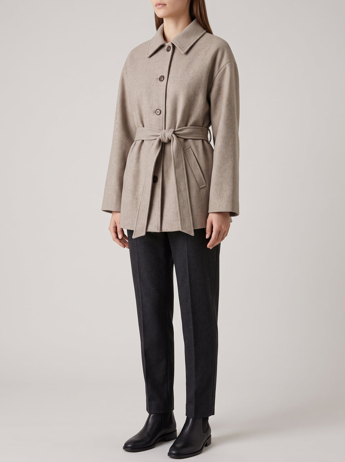 Felly Belted Wool-Look Coat — Beige