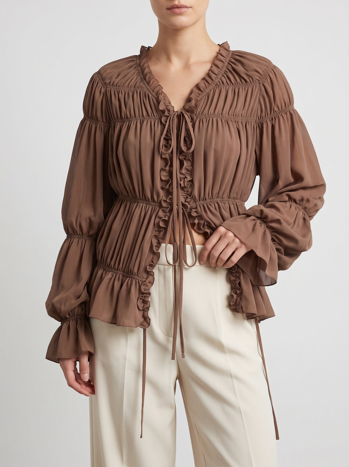 Carmen Ruched Ruffle Bow Blouse — Brown