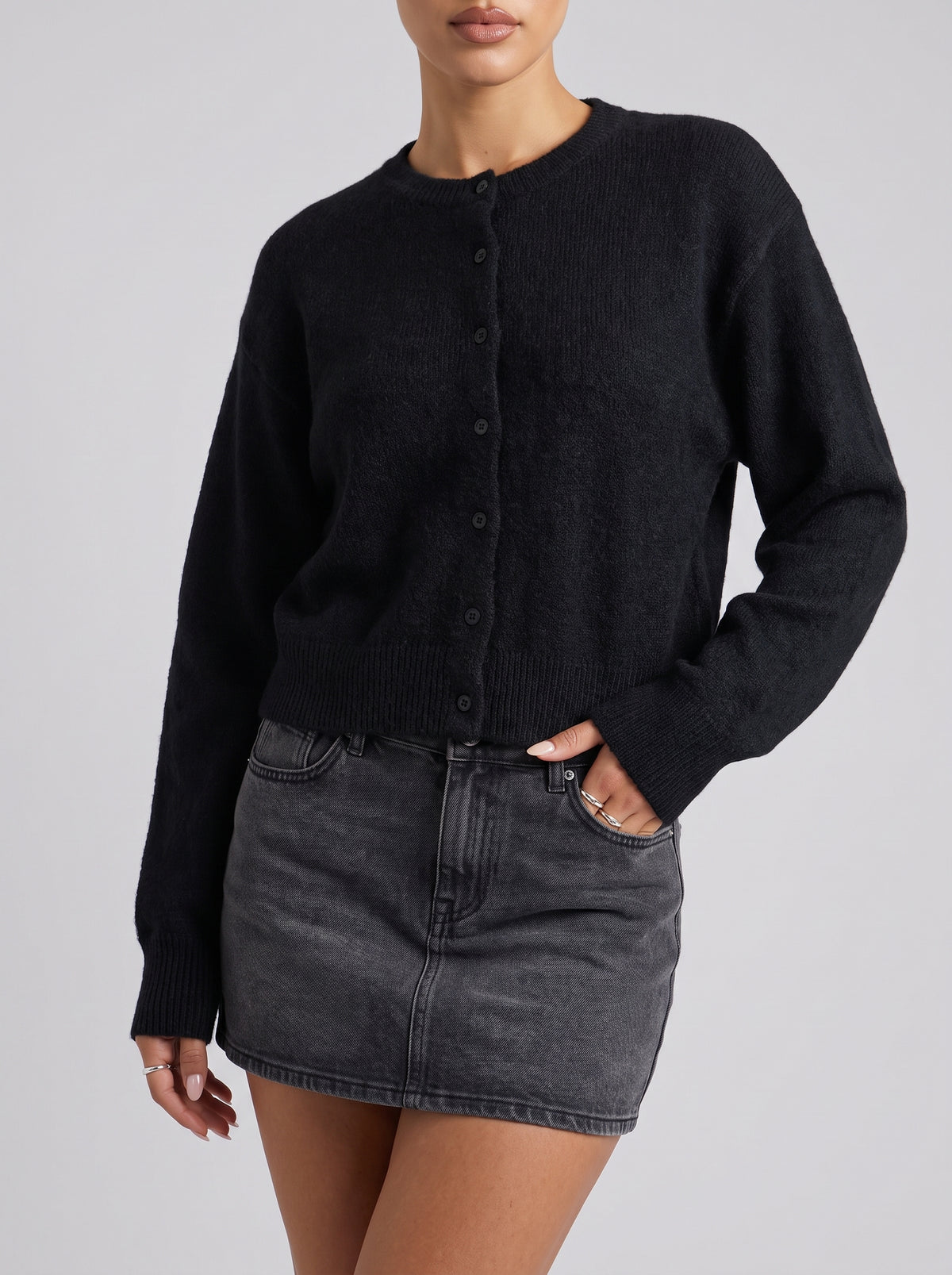 Emilia Button-Front Knit Cardigan — Black