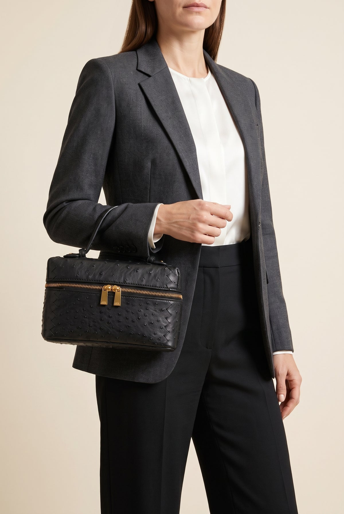 Delphine Ostrich-Effect Box Bag — On-Model View