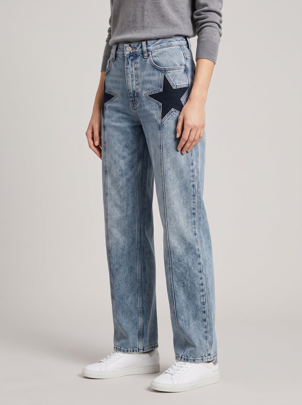 Charlize Star Patchwork Color-Block Jeans — Blue