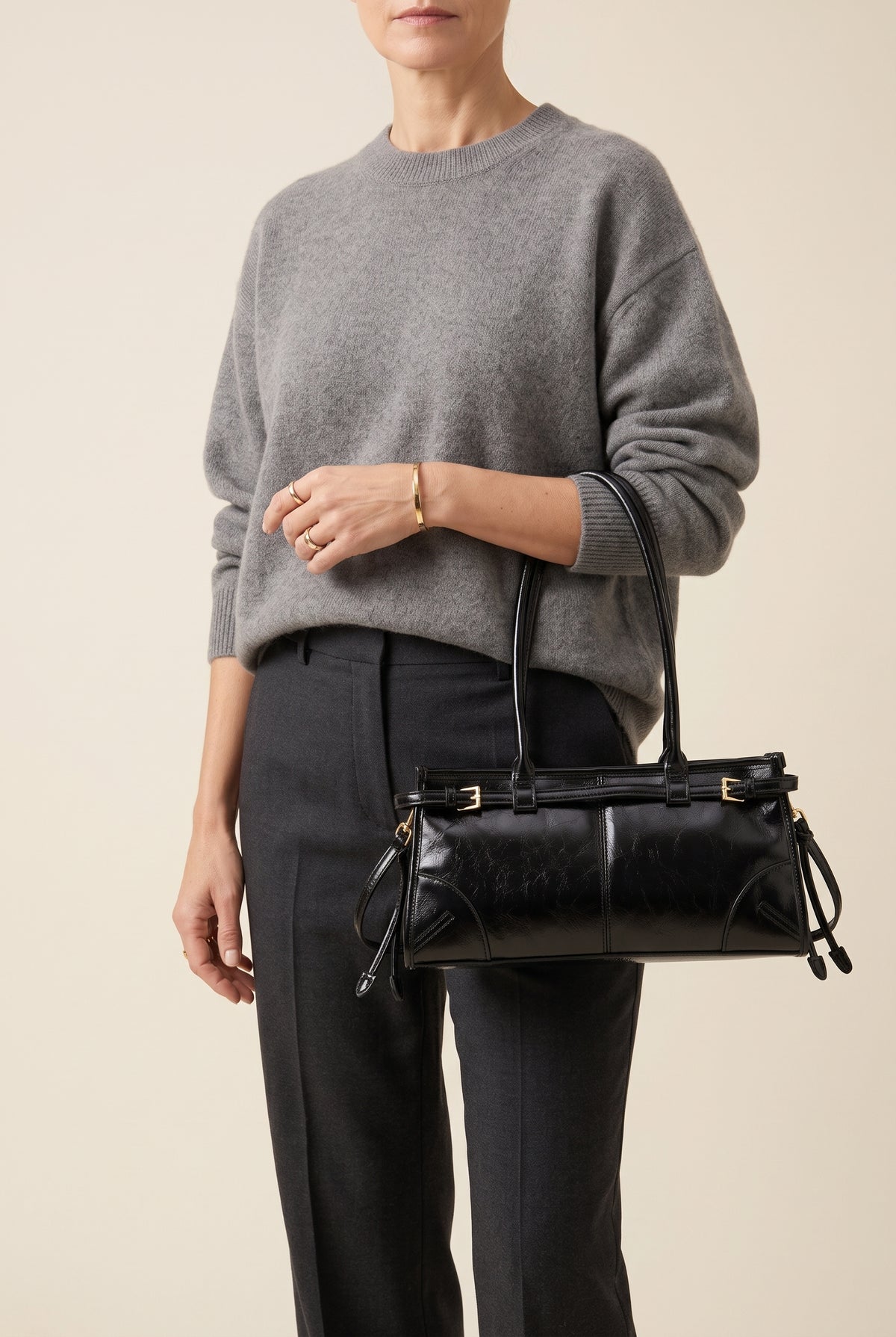 Luna Buckle Faux Leather Shoulder Bag — On-Model View