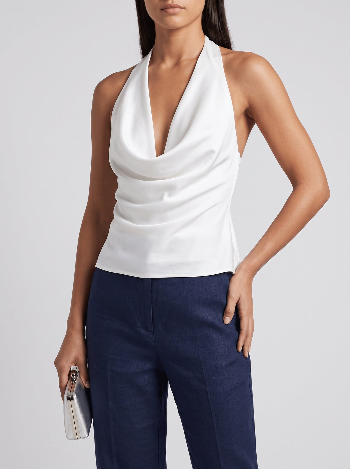 Jeriza Plunge Neck Halter Top — White