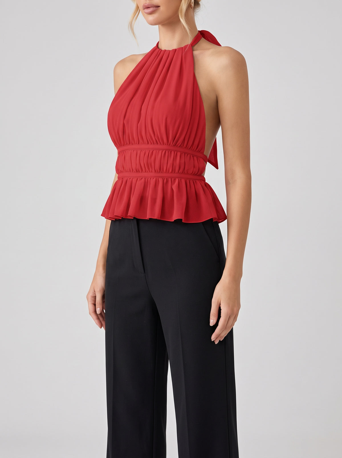 Inès Ruched Halter Top — Red