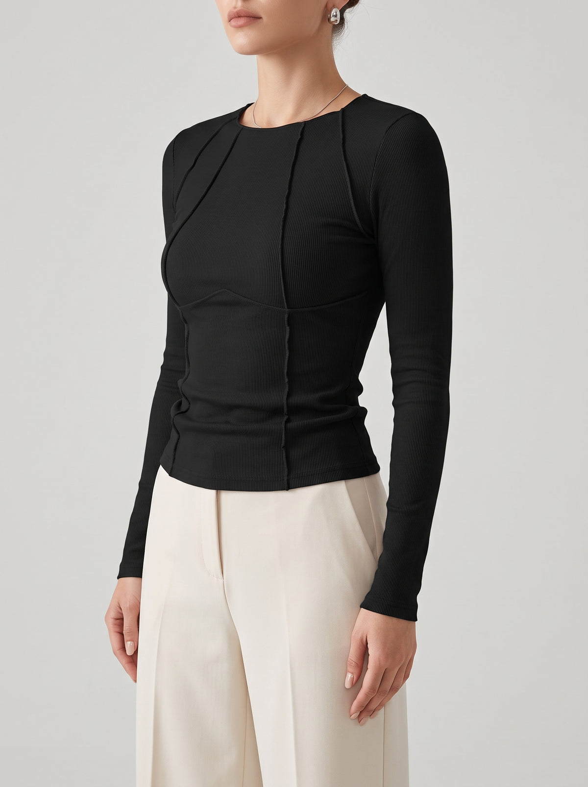 Piper Long-Sleeve Trim-Detail Top - Black