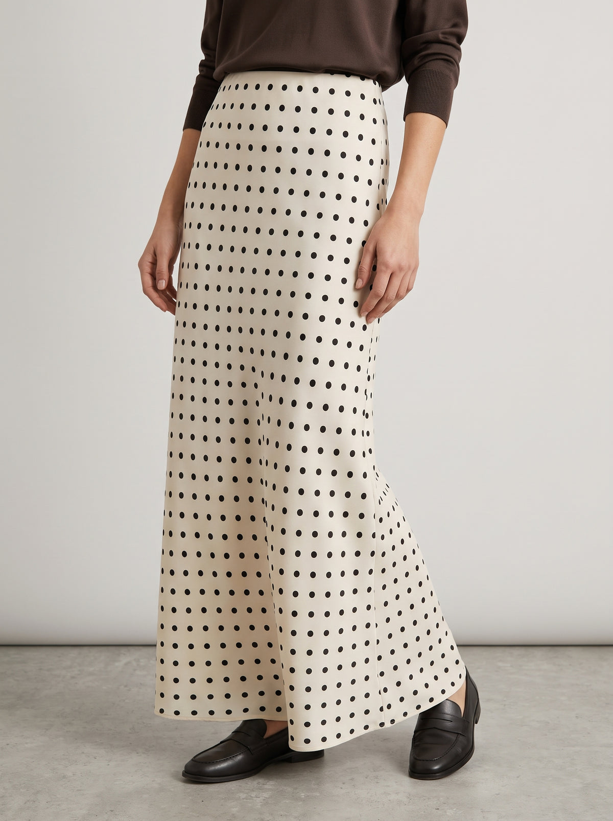 Beatrice Polka Dot Satin Maxi Skirt — Beige