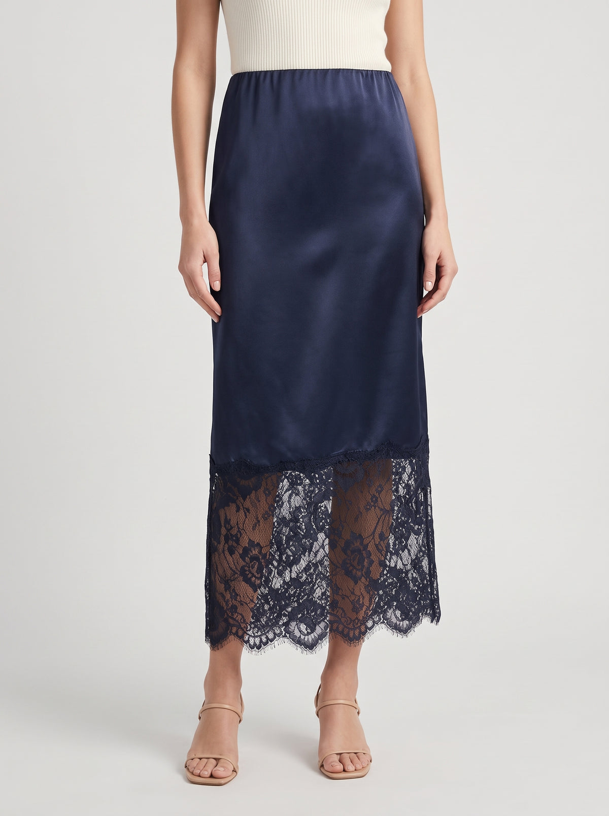 Cheska Front-Slit Satin Maxi Skirt — Navy