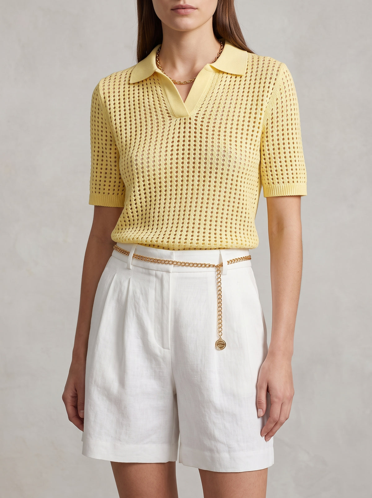 Adeline Pointelle Knit Polo Blouse — Yellow
