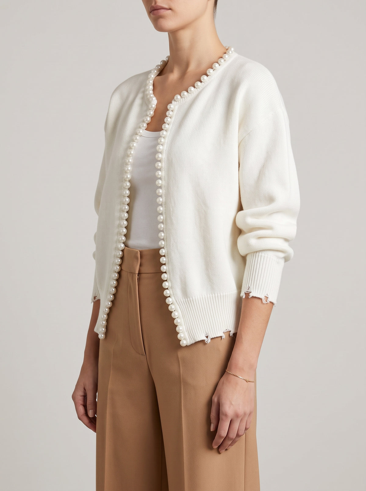 PERLE — Cropped Knit Jumper - White