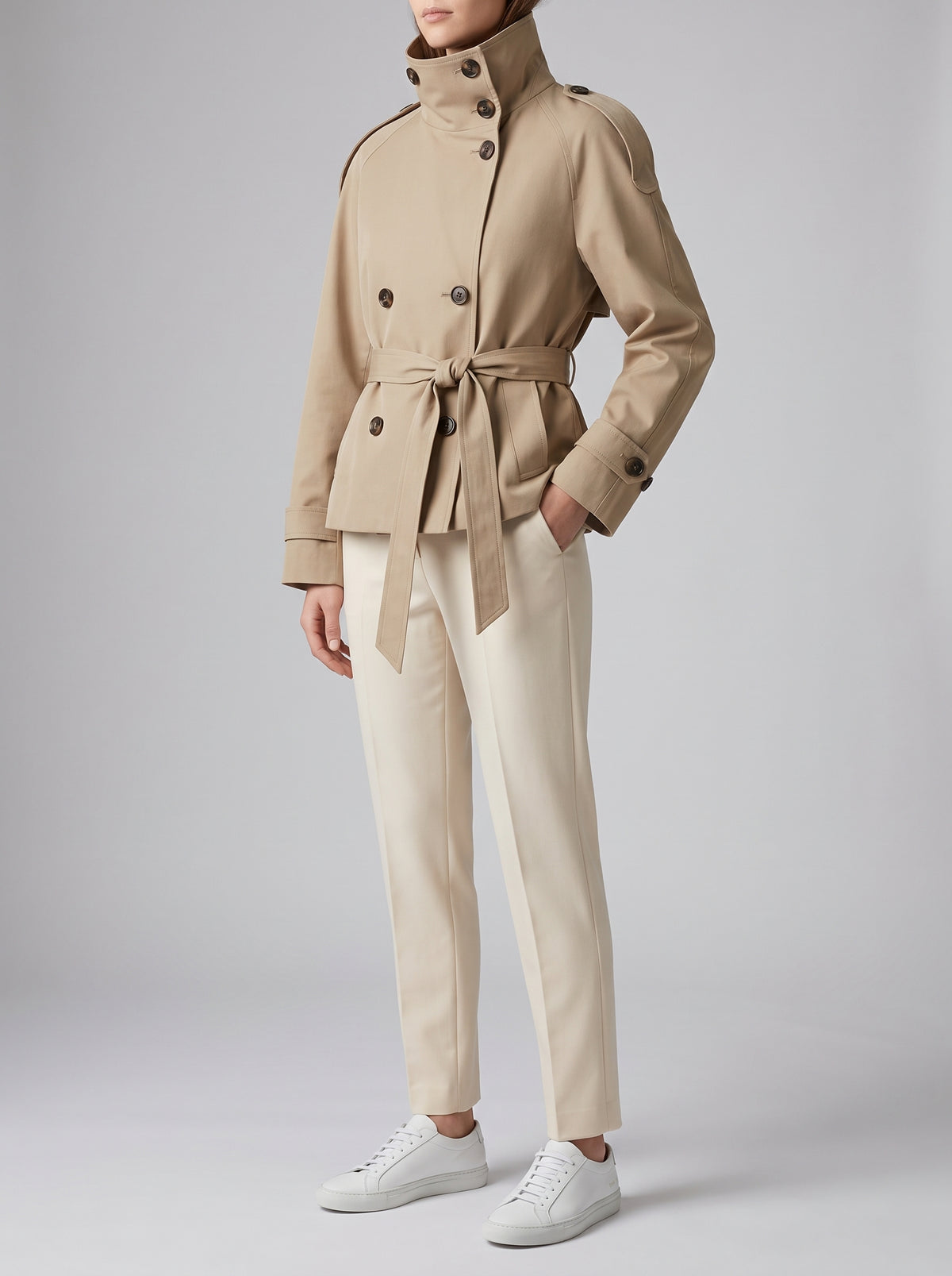 Thea Belted Cropped Trench Coat - Camel