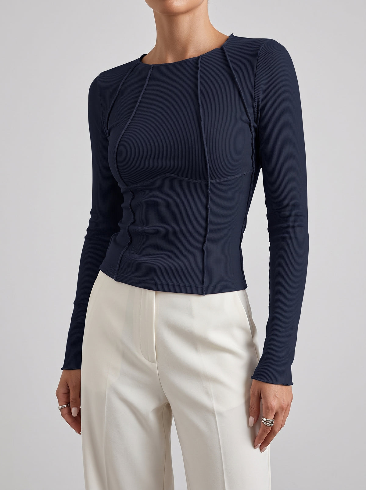 Piper Contrast Trim Long Sleeve Top — Navy