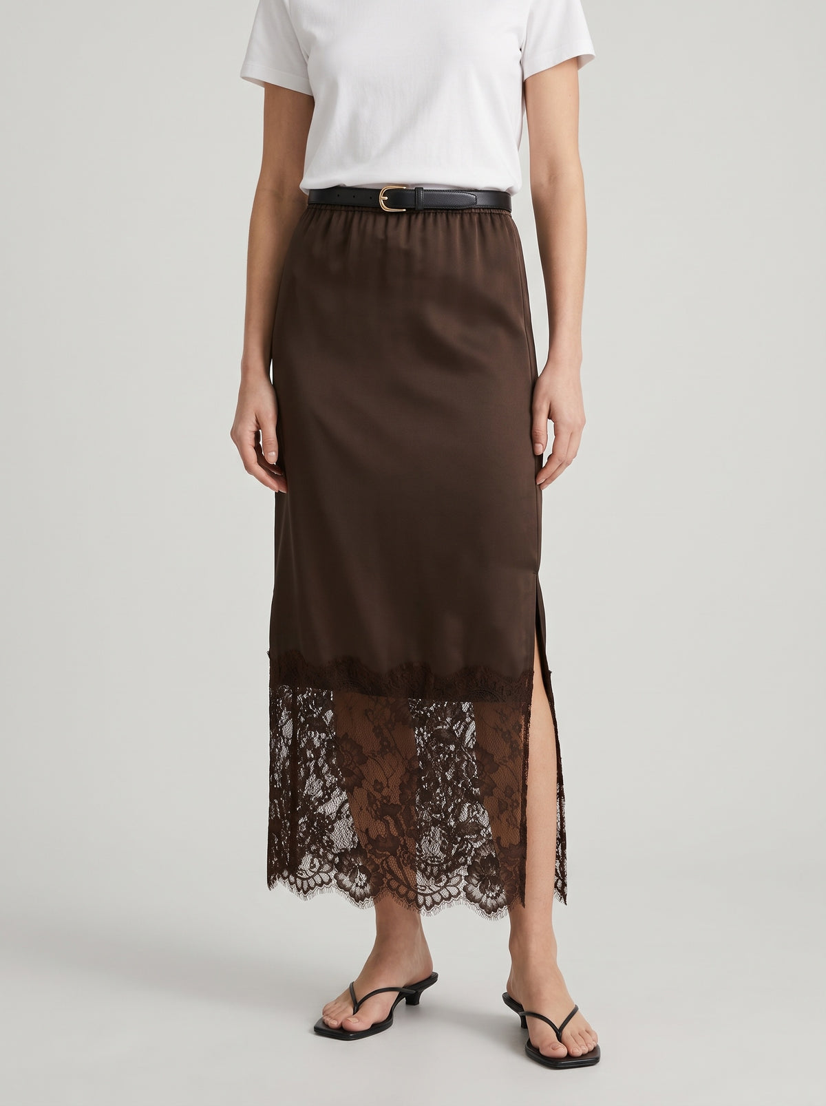 Cheska Front-Slit Satin Maxi Skirt — Dark Brown