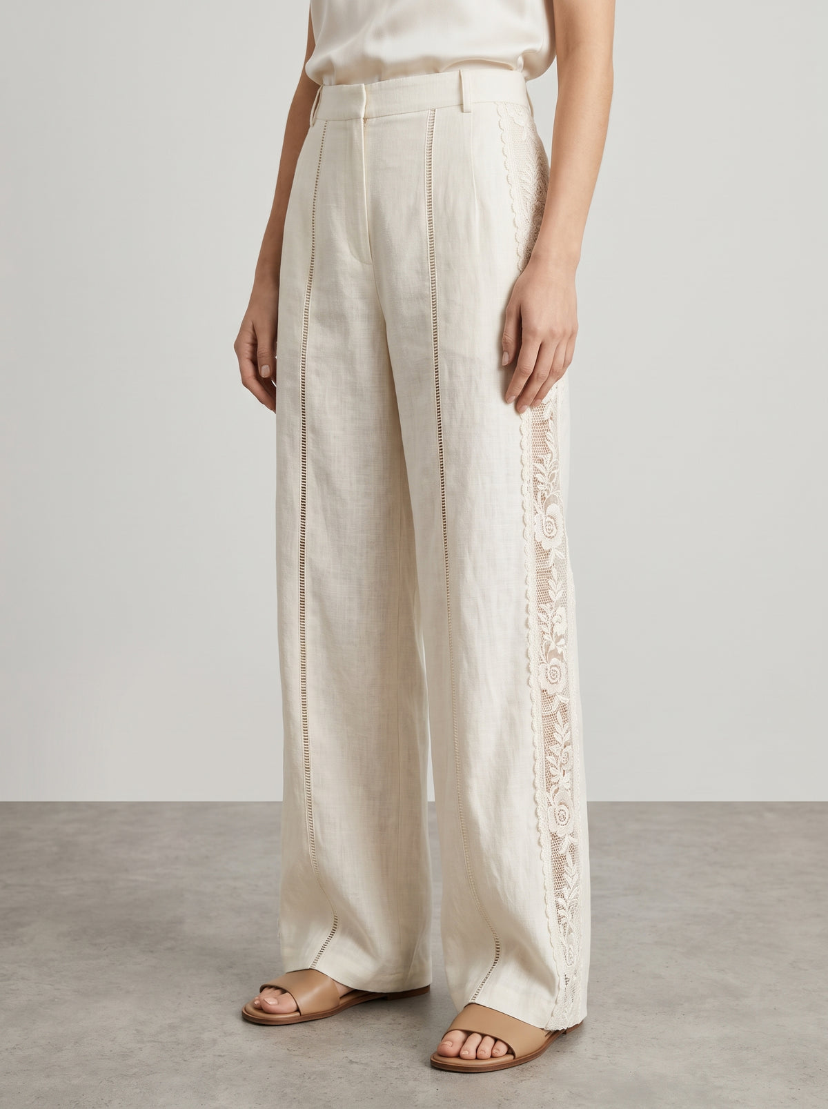 Clara Lace-Panel Linen Straight-Leg Pants — White