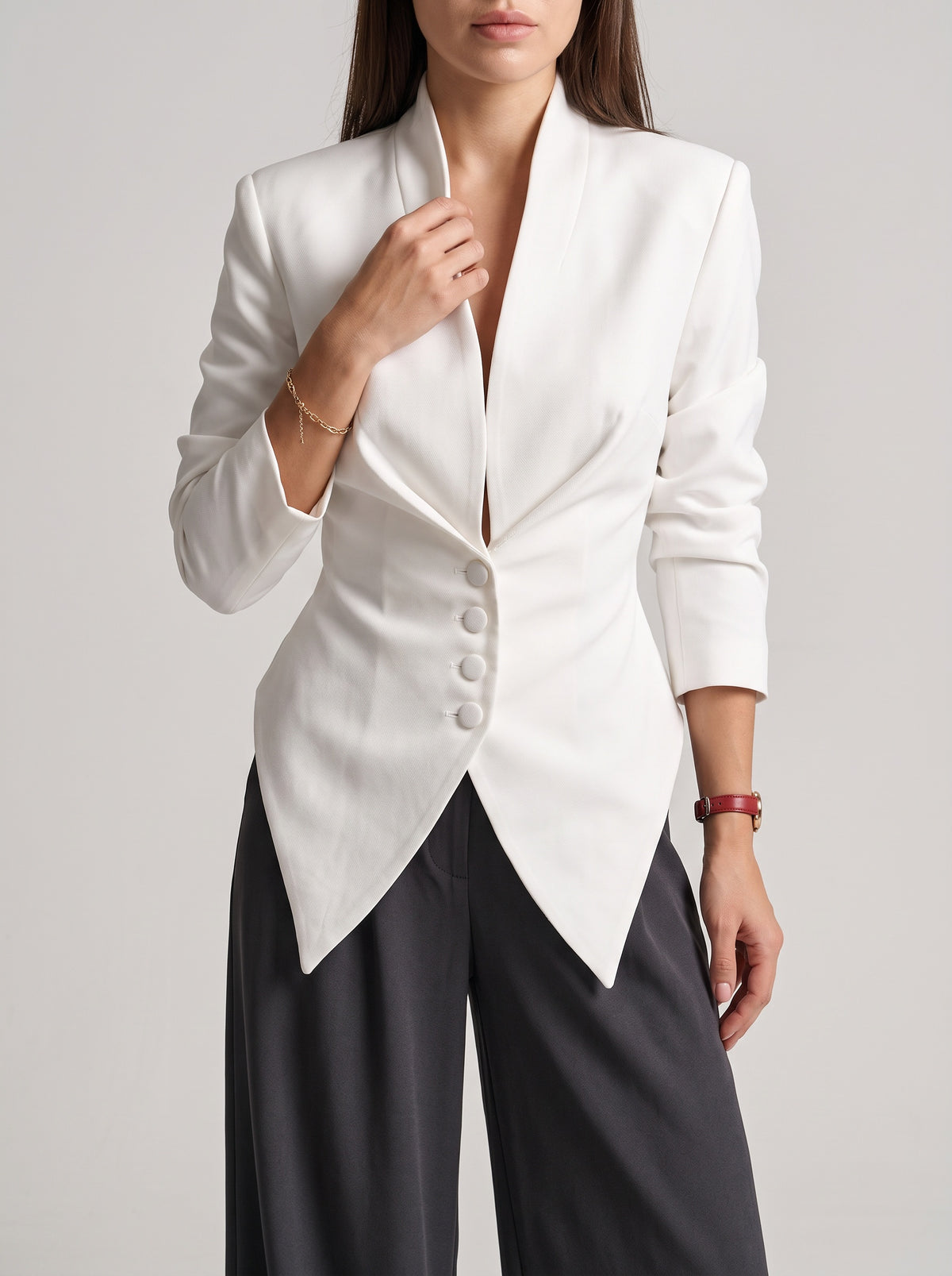 Tricia Structured-Shoulder Fitted Blazer - White