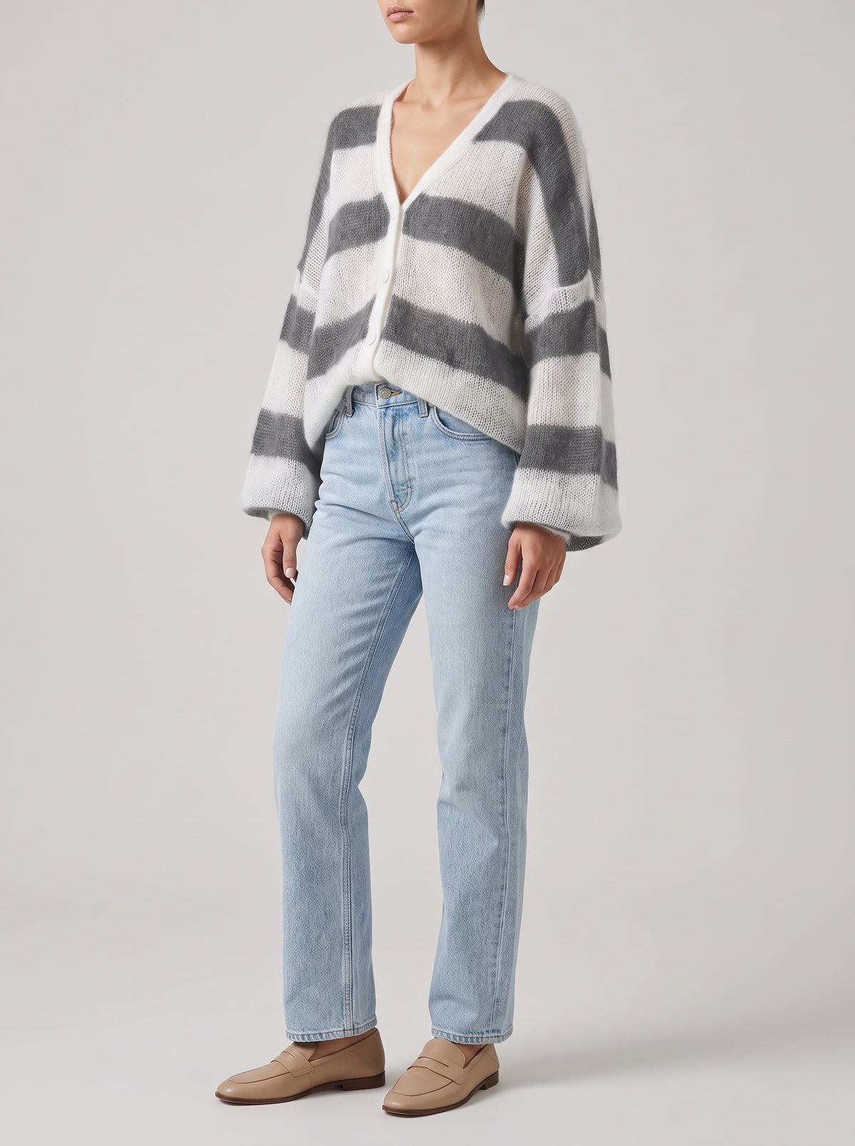 Christel Striped Loose Fit Cardigan - Grey