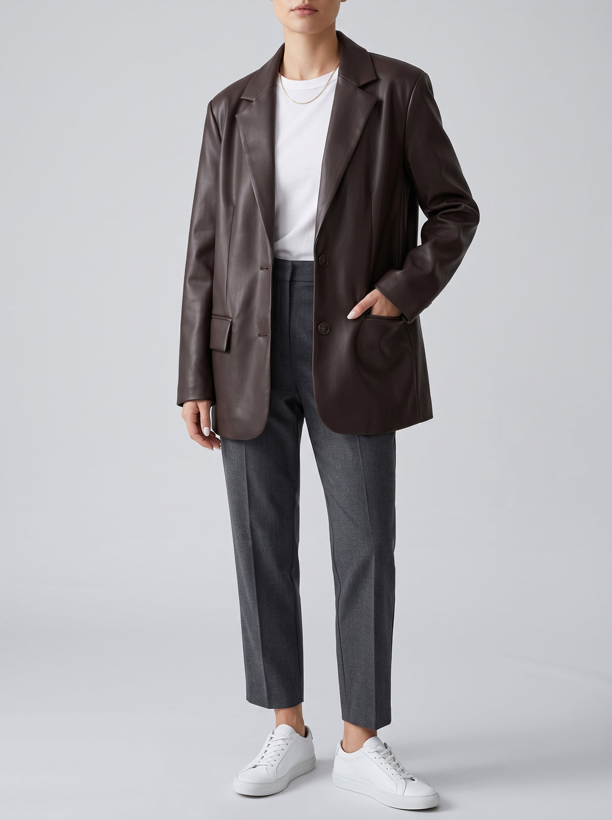 Ryza Vegan Leather Blazer - Dark Brown