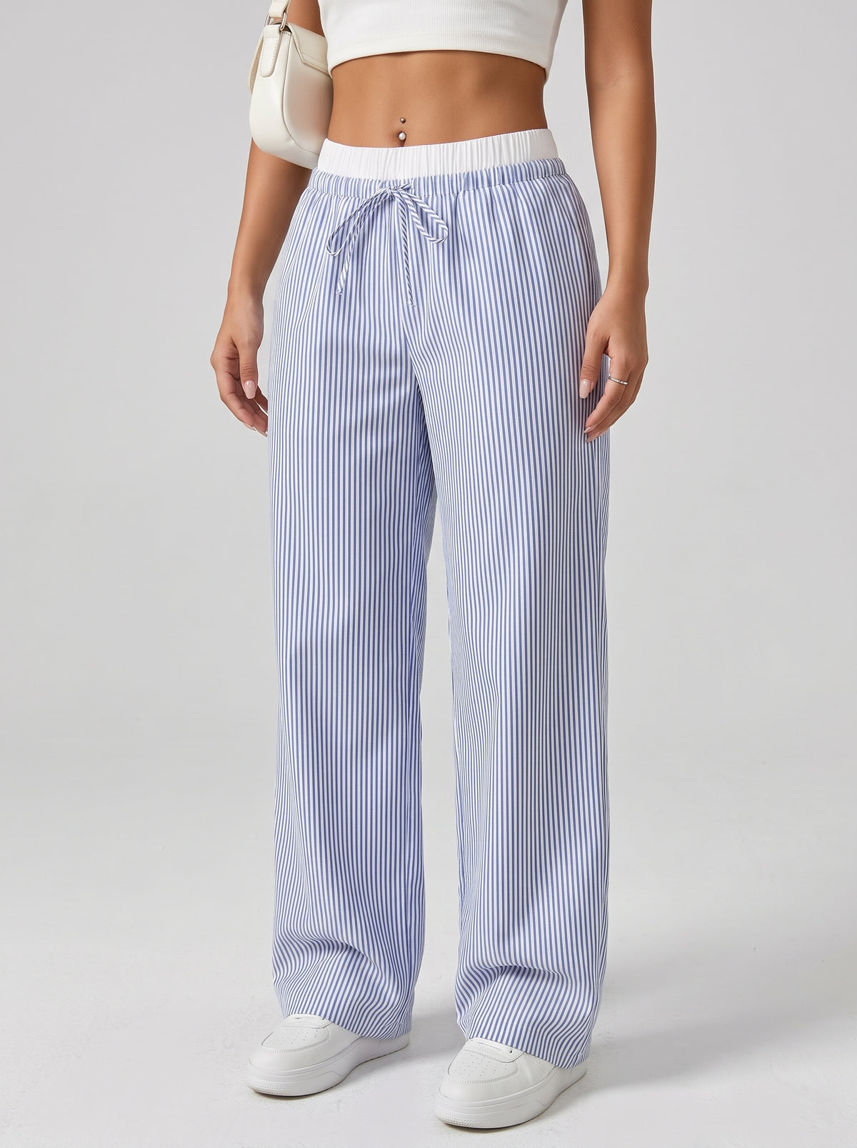 Beatrice Striped Straight-Leg Pants — Blue