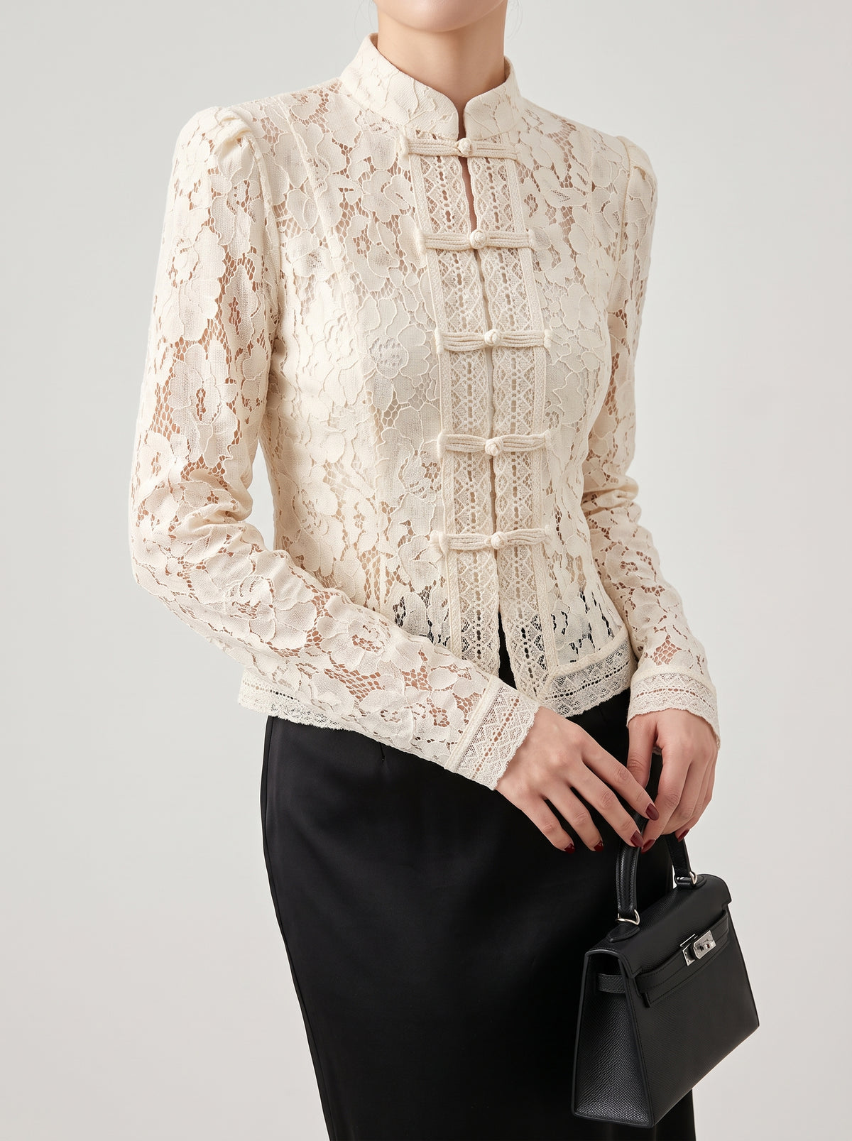 Jeanna High-Neck Lace Top — Beige