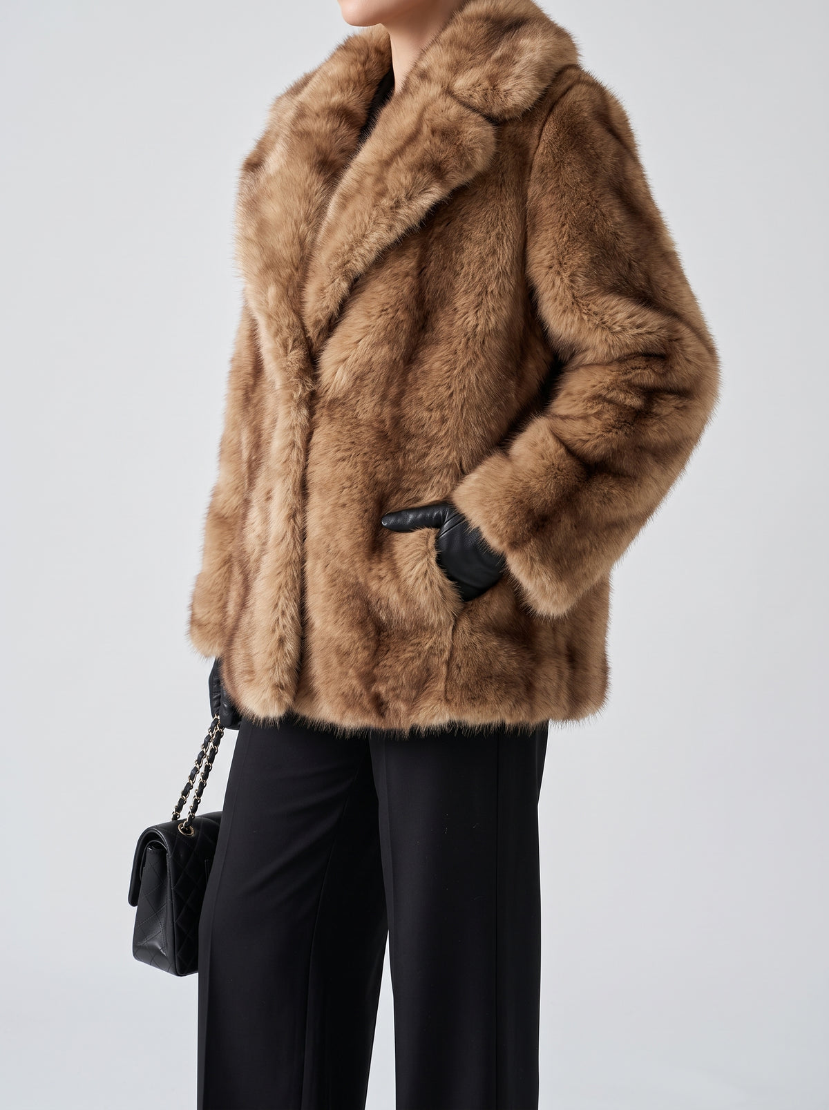 Fiona Faux Fur Coat with Covered Buttons — Brown