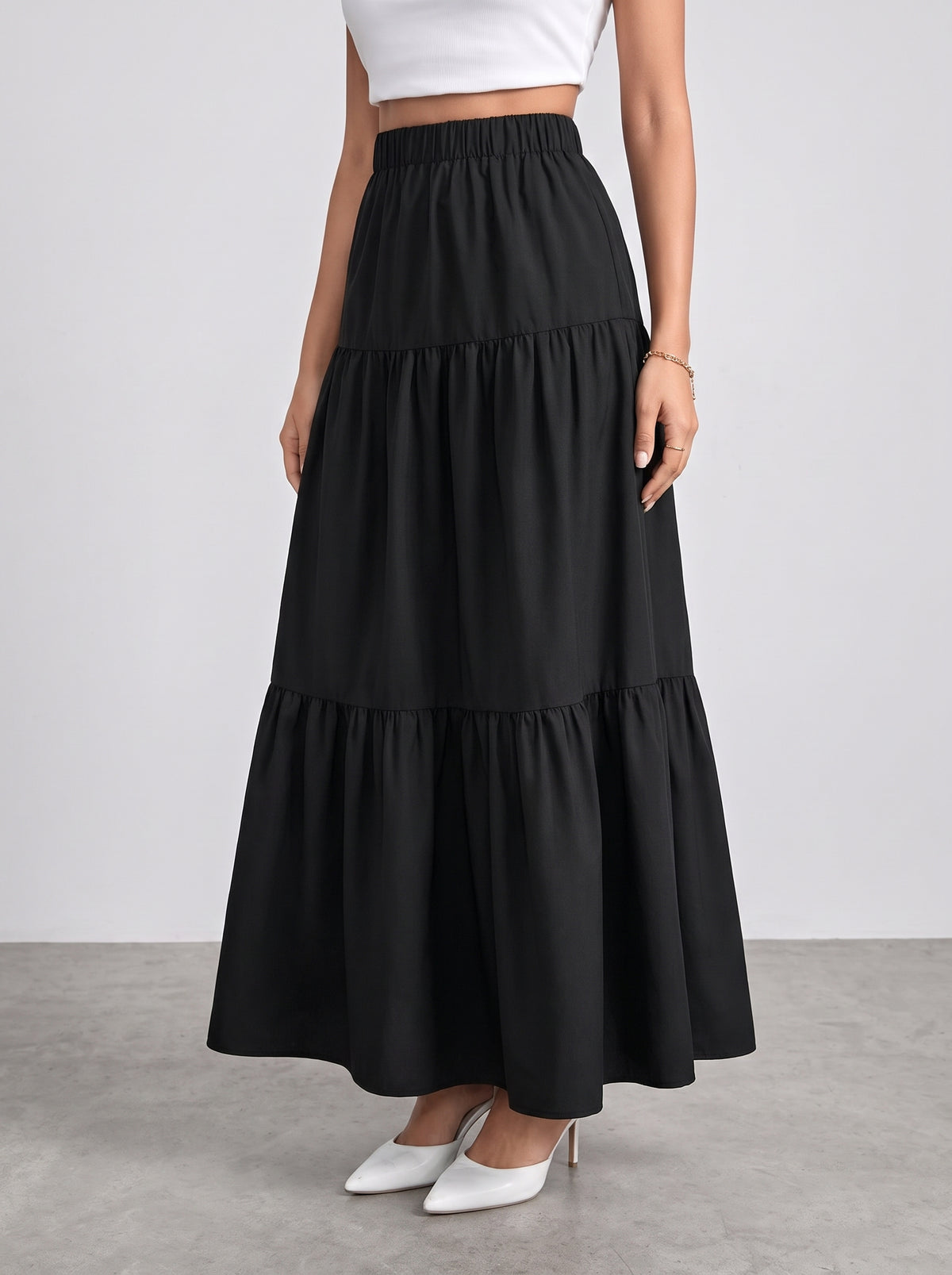 Idalia High-Waisted Ruffle-Hem Flared Skirt — Black