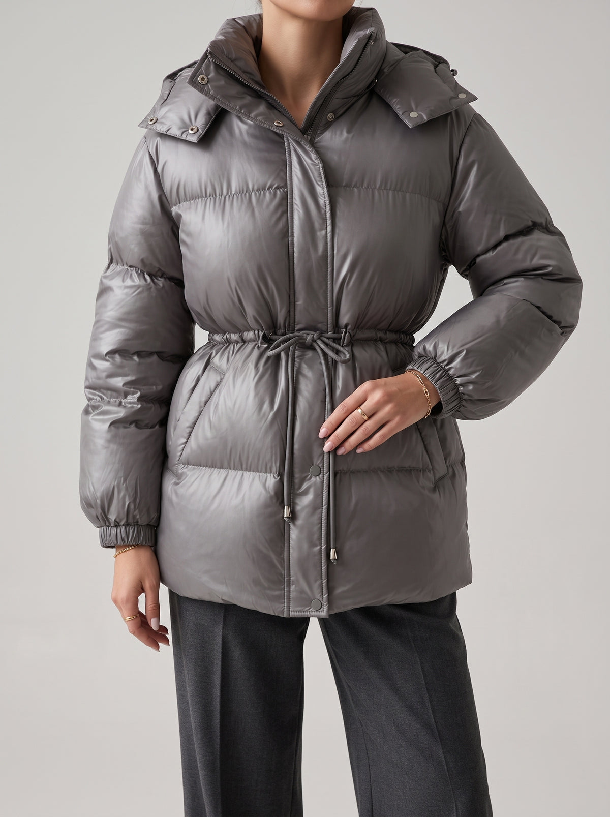 Lorie Long Hooded Drawstring Puffer Coat — Dark Gray