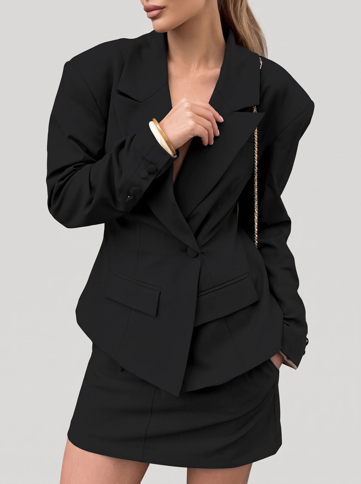 Janna One-Button Scarf Collar Blazer - Black