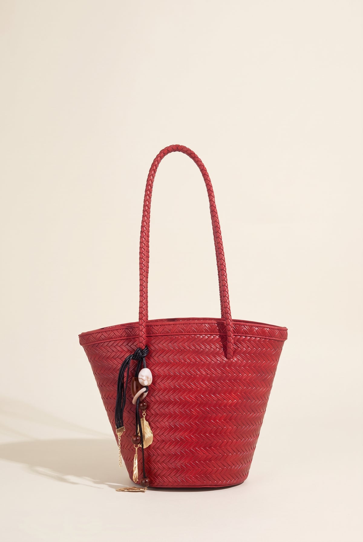 Meryl Woven Bucket Bag with Pouch — Red