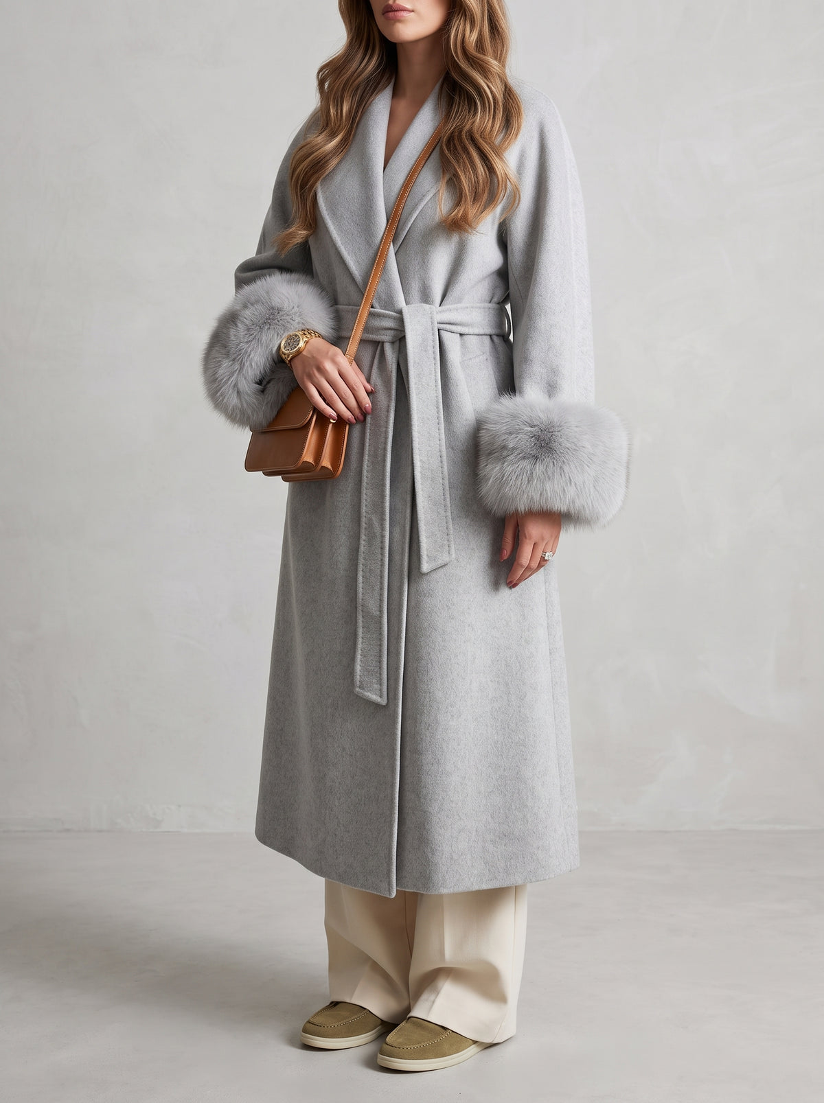 Wool Coat with Fox Fur Cuffs — Gray Long