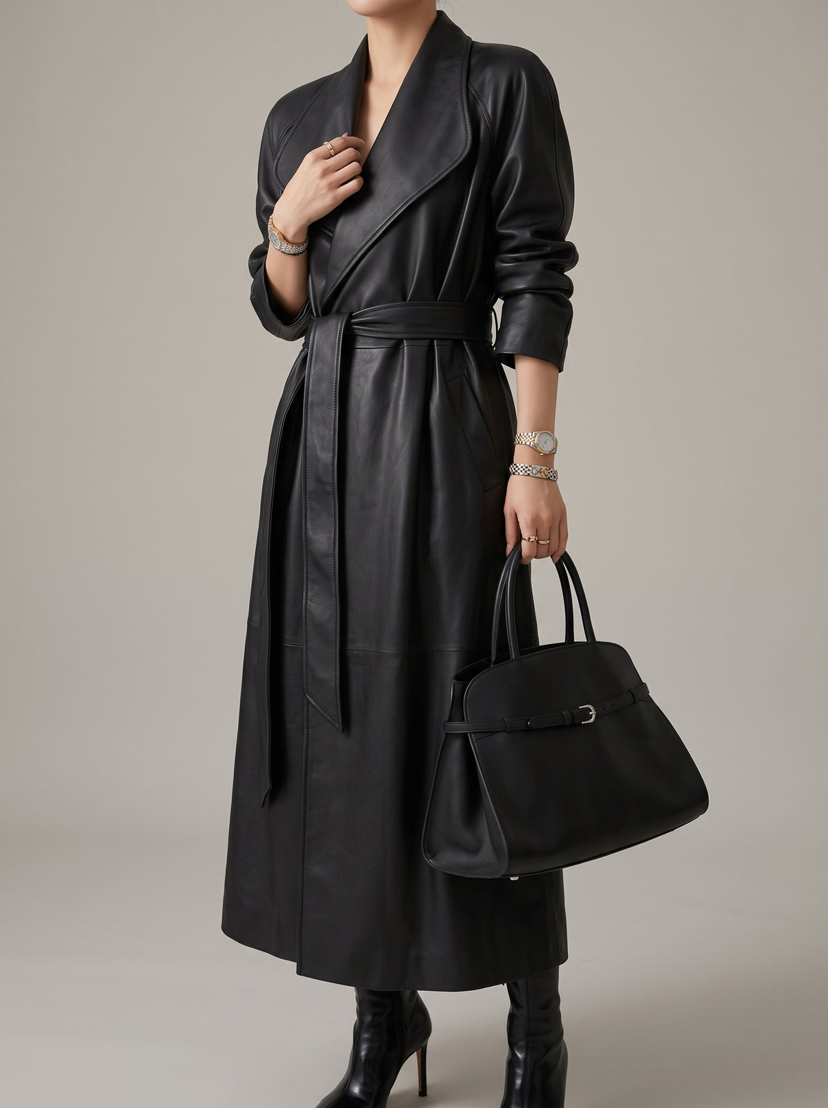 Trench long Shiela effet cuir - Noir