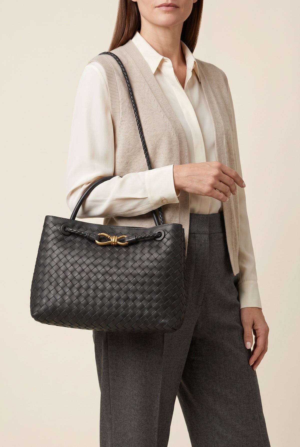Lucia Woven Faux Leather Bag — On-Model View