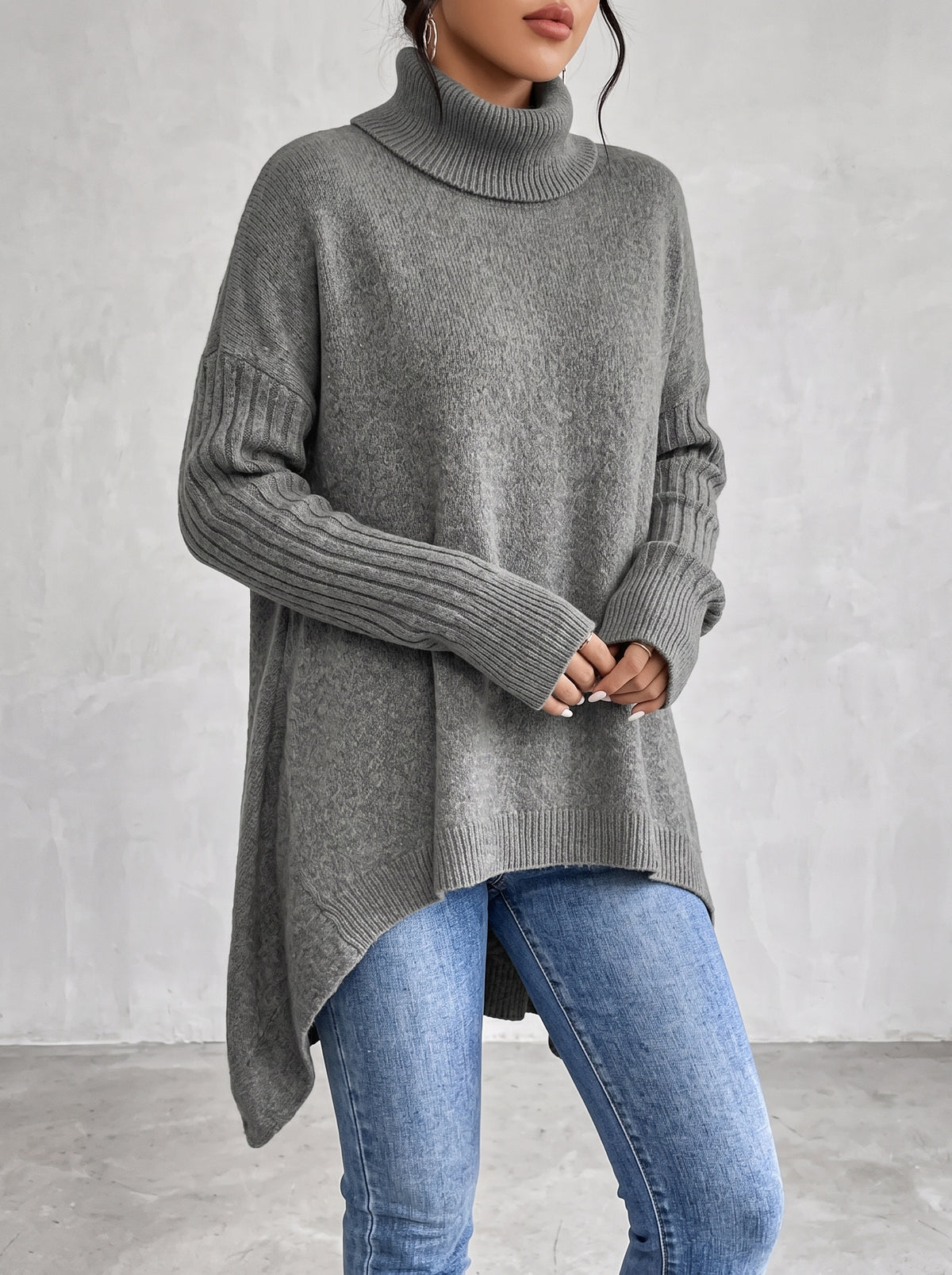 BRIGITTE — Long Roll Neck Jumper - Stone Grey
