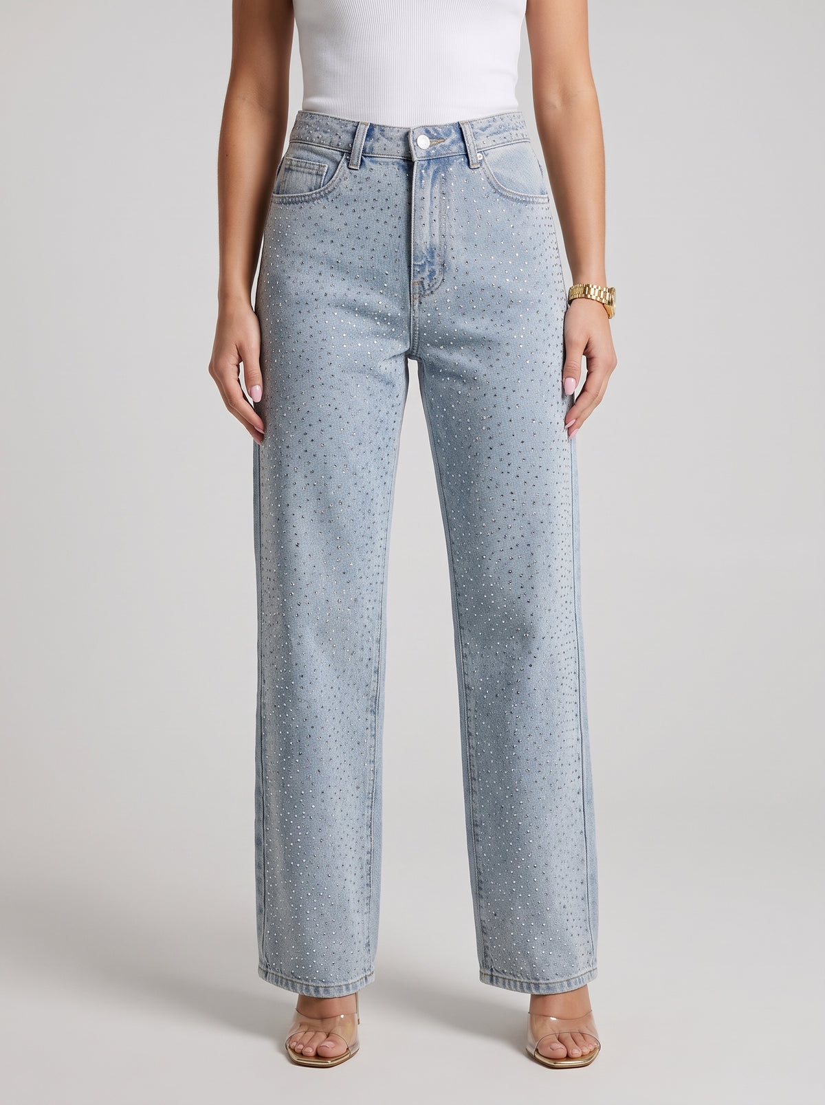 Eliana High-Waisted Rhinestone Wide-Leg Jeans — Light Blue