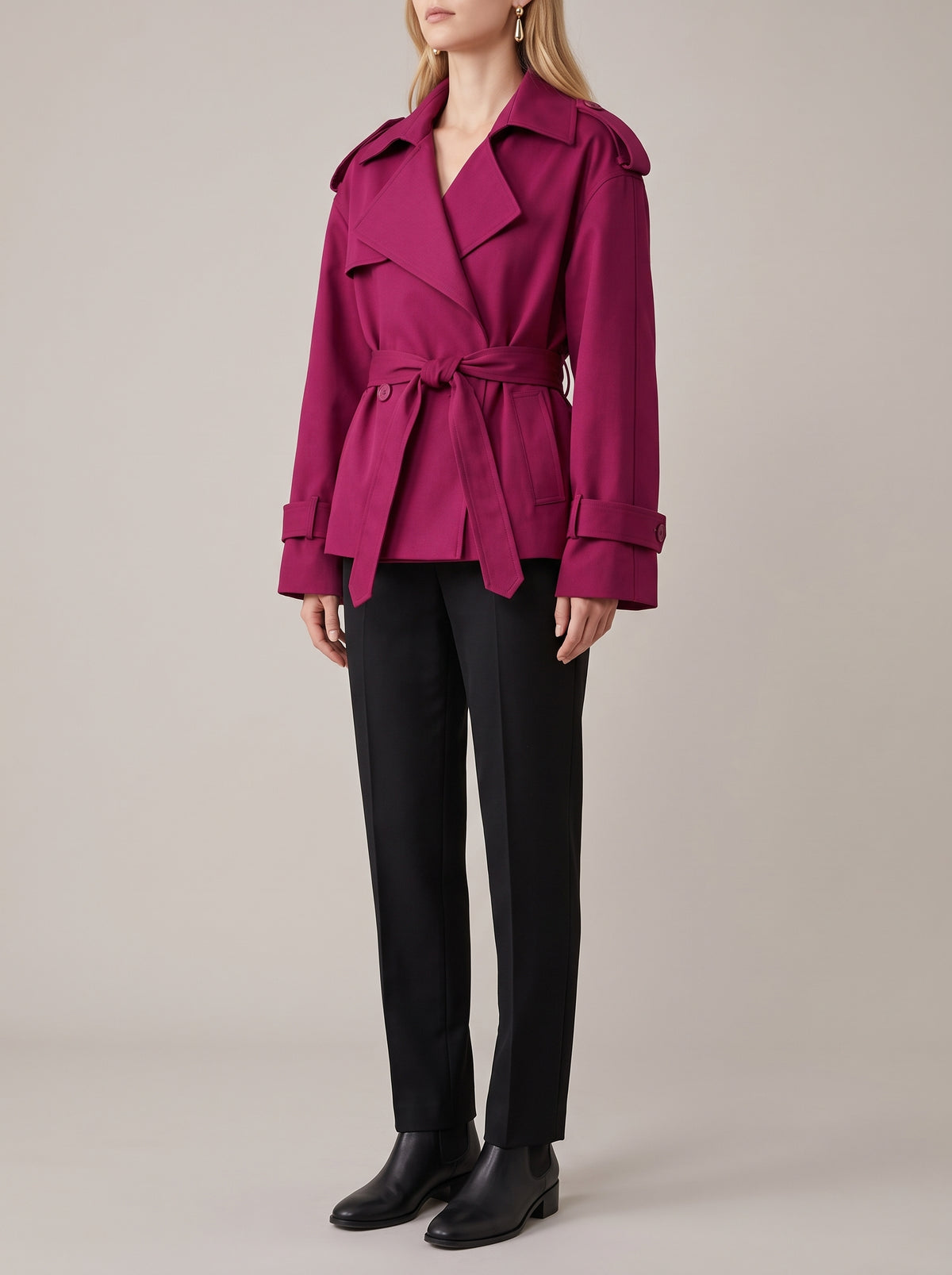 Molly Belted Cropped Trench Coat - Burgundy