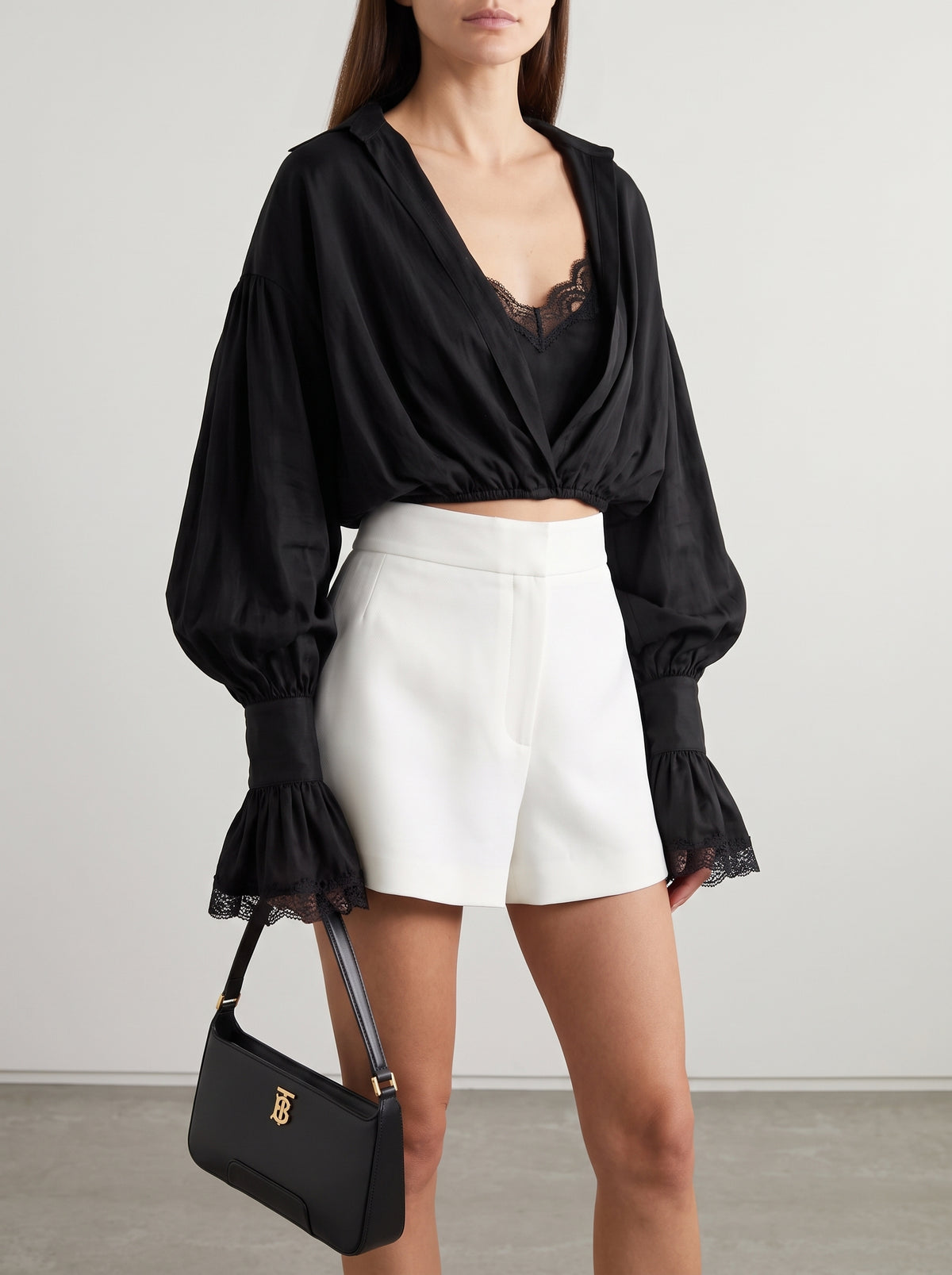 Isabella Oversized Puff Sleeve Tie Shirt — Black